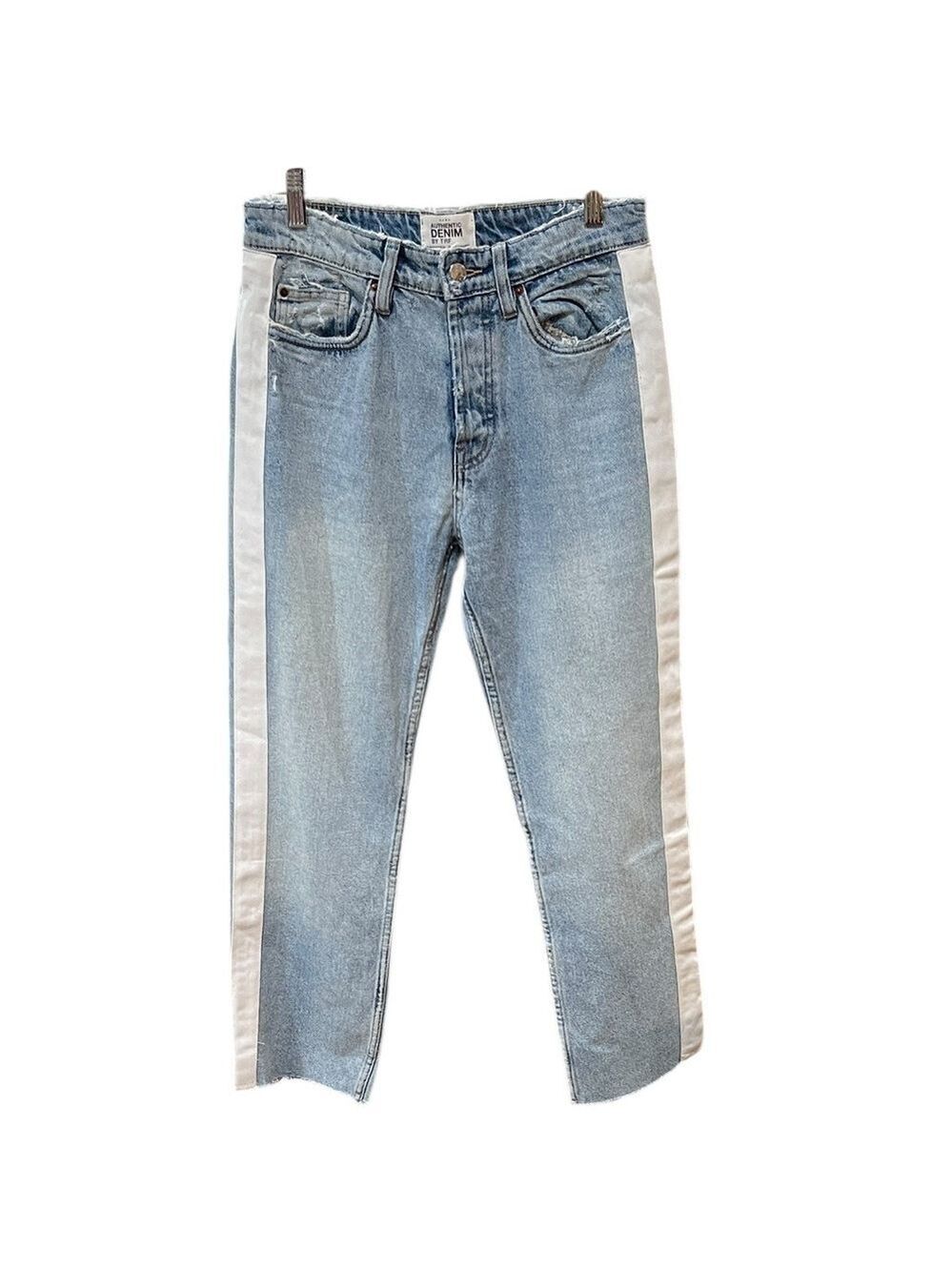 Zara TRF Straight Leg Side Stripe Ankle Jeans SZ 4 Blue White